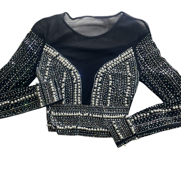 Windsor Best Dressed Faux Pearl Embellished Rhinestone Mesh Crop Top Size Small - Picture 3 of 5